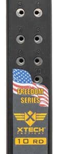 Black 9mm pistol magazine with a 10-round capacity, featuring a Freedom Series XTech sticker and an American flag design.
