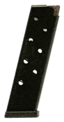 Black handgun magazine angled diagonally with visible round-count holes along its side