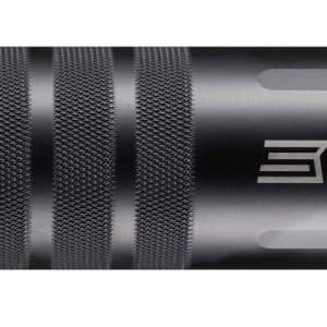 Black Savage-branded firearm suppressor with knurled midsection and threaded ends