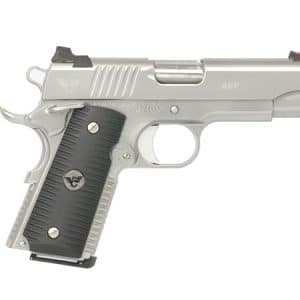 Side view of a silver semi-automatic pistol with a black textured grip