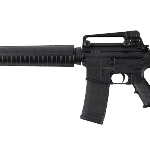 AR-15 style rifle with a ribbed handguard, pistol grip, and fixed stock shown in profile.