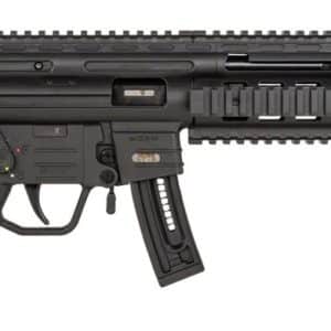 Black tactical assault rifle with adjustable stock, Picatinny rails, and a suppressor attached to the long barrel