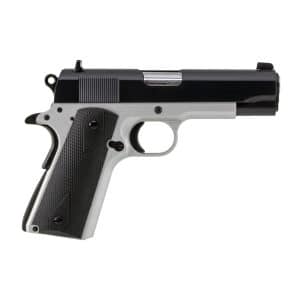 Semi-automatic handgun shown in profile: black slide, silver frame, textured grip, trigger guard visible.
