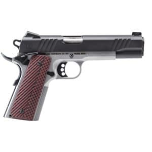 Side view of a semi-automatic pistol with a black slide, silver frame, and red checkered grip.