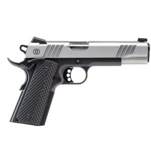 Side view of a silver and black semi-automatic pistol with textured grip and trigger guard visible