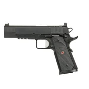 Side view of a black semi-automatic pistol with textured grip and trigger guard, shown from the left.