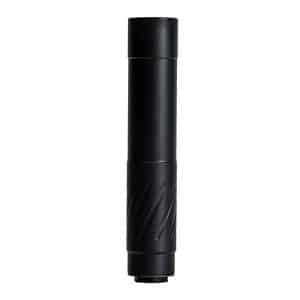 Black cylindrical flashlight with a knurled grip near the bottom and a flat base, standing upright.