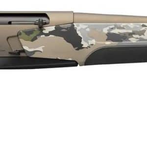 Desert camouflage hunting rifle with long tan barrel and padded stock.