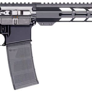 AR-style semi-automatic rifle with collapsible stock, quad-rail fore-end, and a detachable box magazine