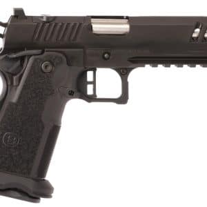 Side view of a black semi-automatic pistol with a textured grip and accessory rail on the frame cap.