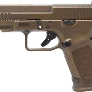 Side view of a tan semi-automatic pistol with a textured grip and serrated slide surface, viewed from the left.