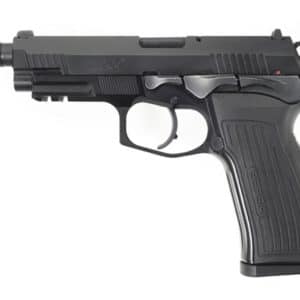 Black semi-automatic pistol shown from the side with a textured grip and accessory rail under the barrel