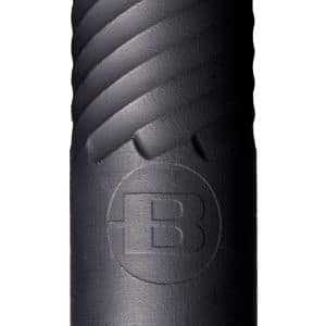 Close-up of a black textured cylindrical grip with diagonal ridges and a circular embossed logo featuring a 'B' on the side.