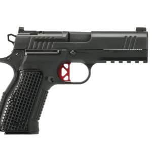 Side view of a black Dan Wesson semi-automatic pistol with a red trigger and textured grip