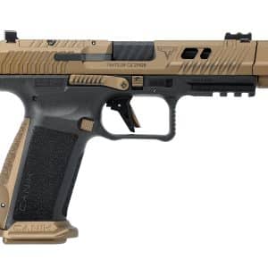 Side view of a tan and black semi-automatic pistol, showing a textured black grip and tan slide with diagonal serrations.