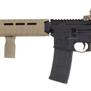 Desert-tan AR-15 style rifle with black lower receiver, tan stock and handguard, and a 30-round magazine.