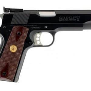 Side view of a black Colt Gold Cup National Match 1911 pistol with brown checkered grip panels and gold emblem on the grip, shown in profile on a white background, highlighting the slide and trigger guard.