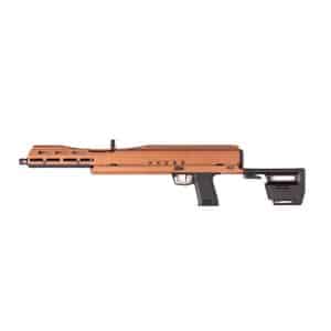 Orange tactical rifle shown from the side with rail sections along the top and a black stock and grip, partially visible at the bottom of the image