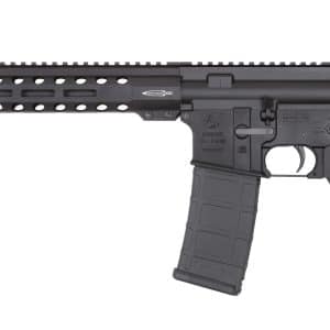 Black AR-style semi-automatic rifle with a long perforated handguard, magazine inserted, and collapsible stock on a white background.