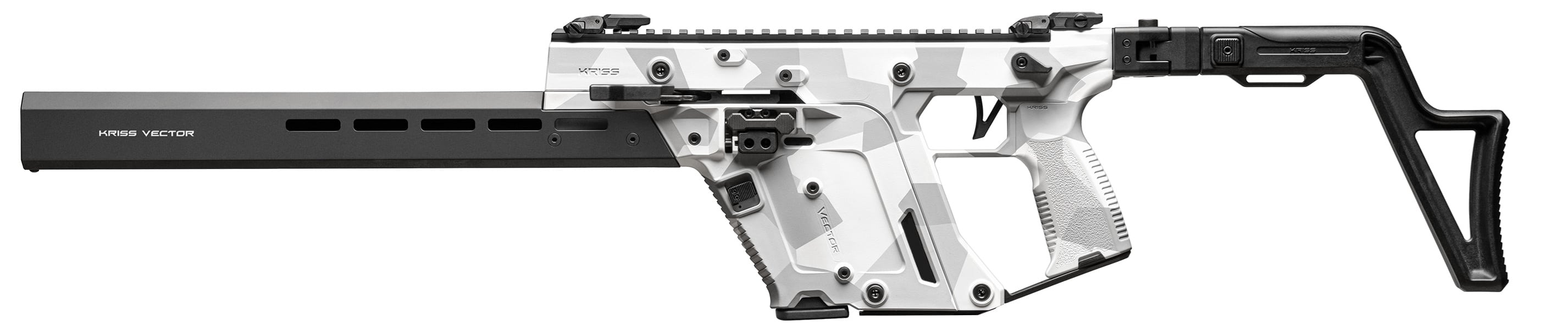 Kriss Vector semiautomatic rifle in white camouflage, shown in side profile with folding stock