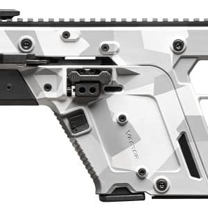 Kriss Vector rifle in white-gray camouflage with folding stock and long handguard viewed from the side.