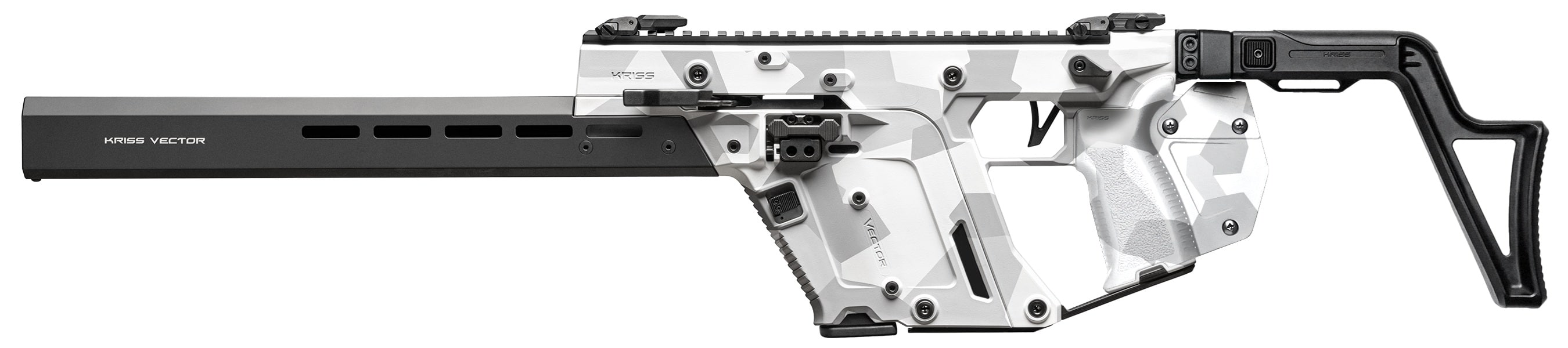 Kriss Vector rifle with white/gray camouflage, black stock, and extended handguard.