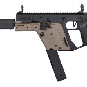 Profile view of a KRISS Vector submachine gun with a long suppressor and folding stock, shown in black and tan.