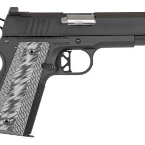 Semi-automatic pistol shown from the left side with a patterned grip and steel slide.