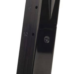 Black handgun magazine standing upright with the baseplate visible