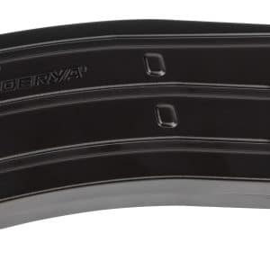 Black curved detachable rifle magazine with a brand logo along the side on a white background