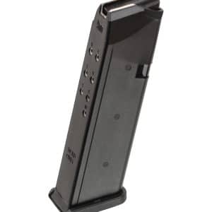 Black semi-automatic pistol magazine angled upright with cartridge holes visible and a square base plate at the bottom