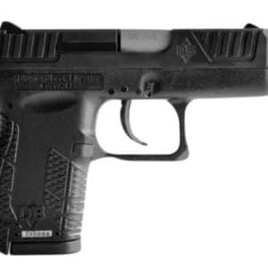 Side view of a black semi-automatic pistol with textured grip and serrated slide rail markings on the top.