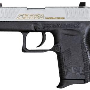 Semi-automatic pistol with a silver slide and black grip, labeled AB380 Diamondback Firearms.