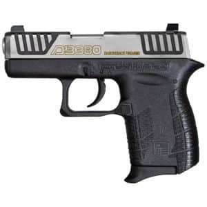 Diamondback DB380 semi-automatic pistol with black grip and silver slide, shown in profile.