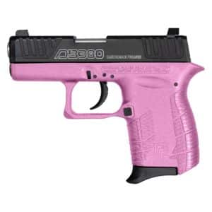 Pink semi-automatic pistol with a black slide and textured pink grip, model D380 Diamondback Firearms visible on the slide.