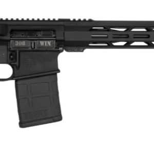 Black semi-automatic rifle with a detachable magazine, adjustable stock, and a long handguard.