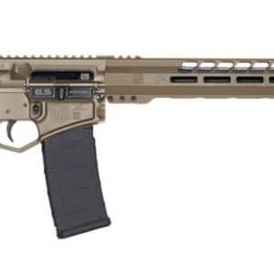 Tan AR-style rifle with collapsible stock, black pistol grip, and detachable magazine shown in profile.