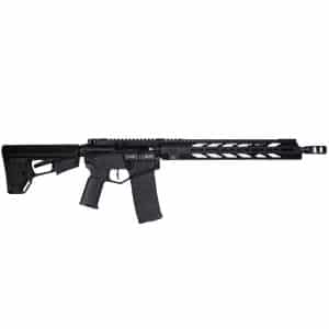 Black semi-automatic rifle with a collapsible stock and full-length picatinny handguard, shown in profile.