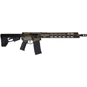 AR-style semi-automatic rifle with brown finish, collapsible stock, and detachable magazine