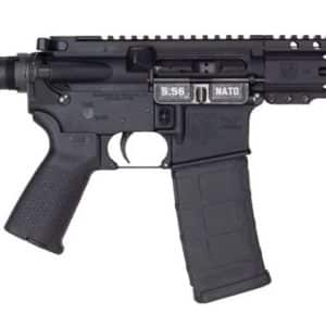 Black AR-style rifle with suppressor, long magazine, and tactical rail system shown from the side.