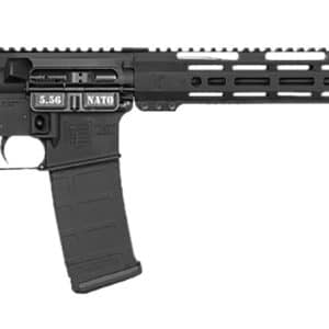 Black AR-15 style rifle with collapsible stock, long handguard, and a 30‑round magazine marked 5.56 NATO