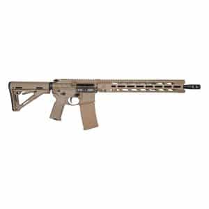 Tan-colored AR-style rifle shown in side profile with a long rail and magazine, lying horizontally across the image