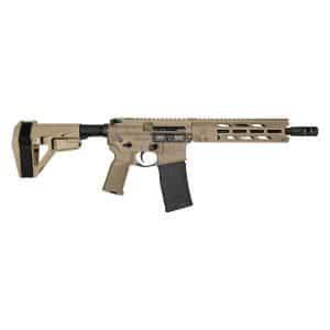 Profile view of a tan AR-style assault rifle with a long quad-rail handguard and black magazine