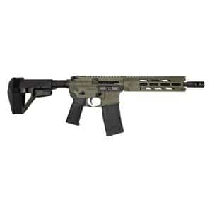 Side view of a tan-and-black AR-style rifle with adjustable stock on a white background.