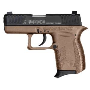 Side view of a DP380 semi-automatic pistol with a brown grip and black slide, shown in profile.