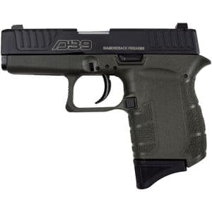 Side view of a compact semi-automatic handgun with a green textured grip and black slide labeled Diamondback DB9.