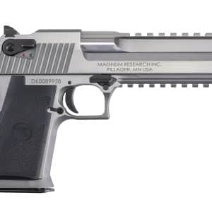 Side view of a stainless steel semi-automatic pistol with a textured black grip and Picatinny-style rail system