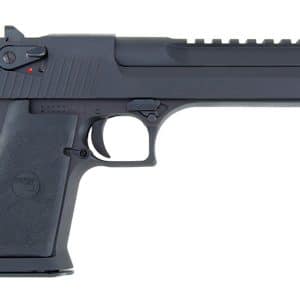 Side view of a black semi-automatic handgun with a textured grip and visible trigger guard