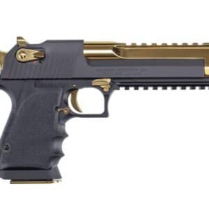 Side view of a black and gold semi-automatic pistol with a textured grip and long gold slide.