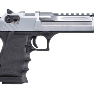 Side view of a stainless semi-automatic handgun with a black textured grip.